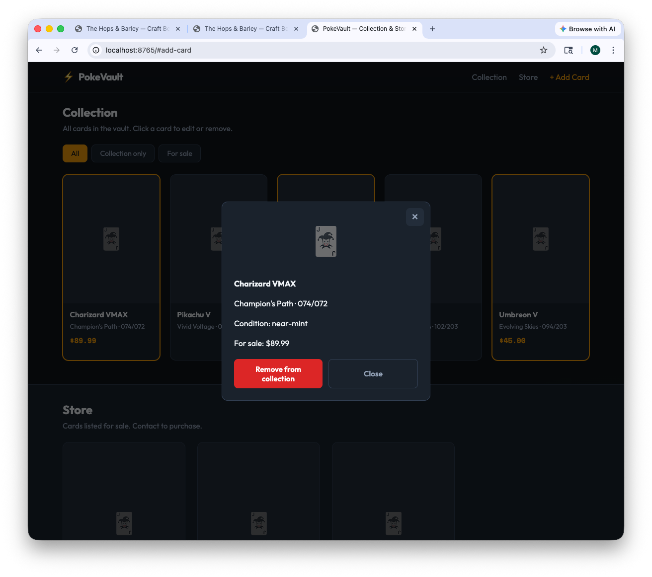 Card popup showing details — the Close button that needed fixing