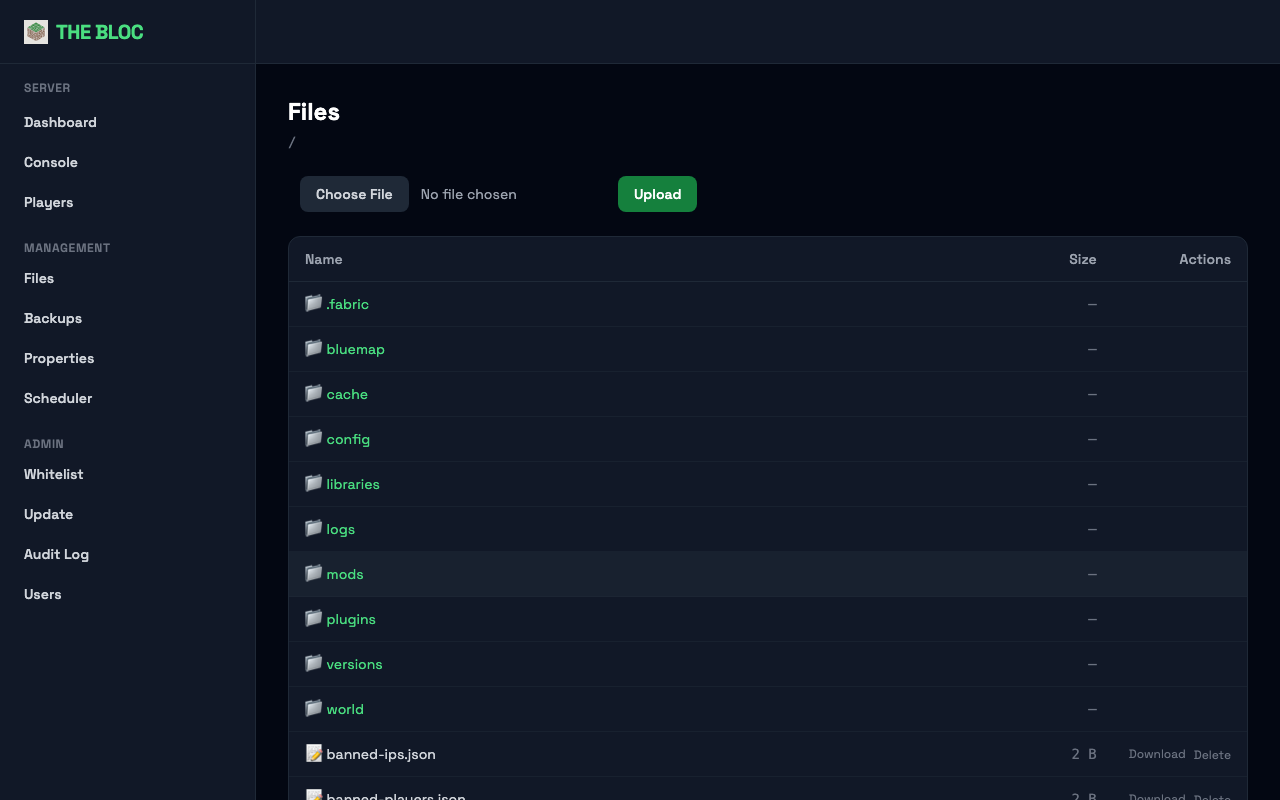 The file manager showing the Minecraft server directory